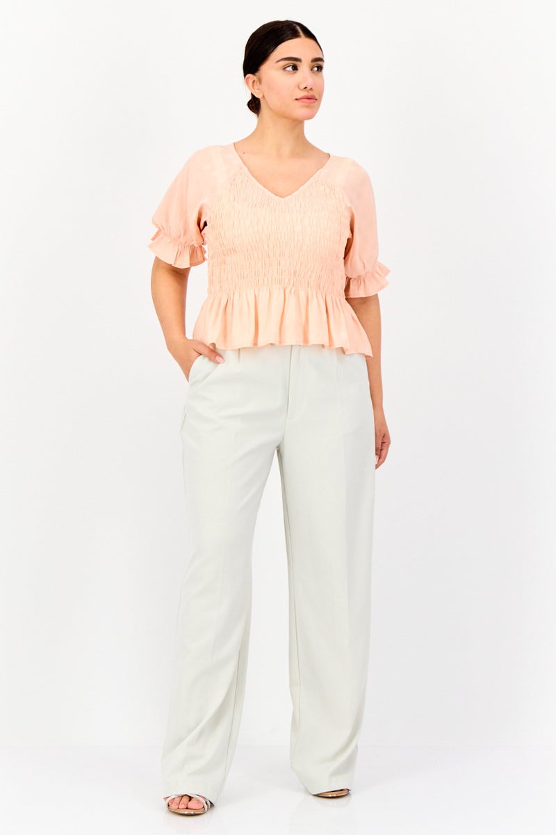 ONLY Women V-Neck Puffed Sleeves Ruched Blouse , Misty Rose  - Image 4