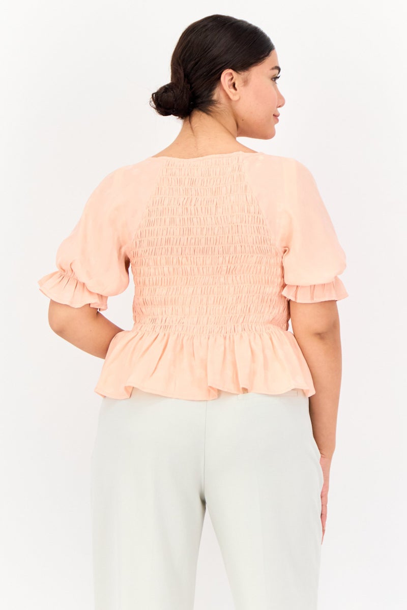 ONLY Women V-Neck Puffed Sleeves Ruched Blouse , Misty Rose  - Image 3