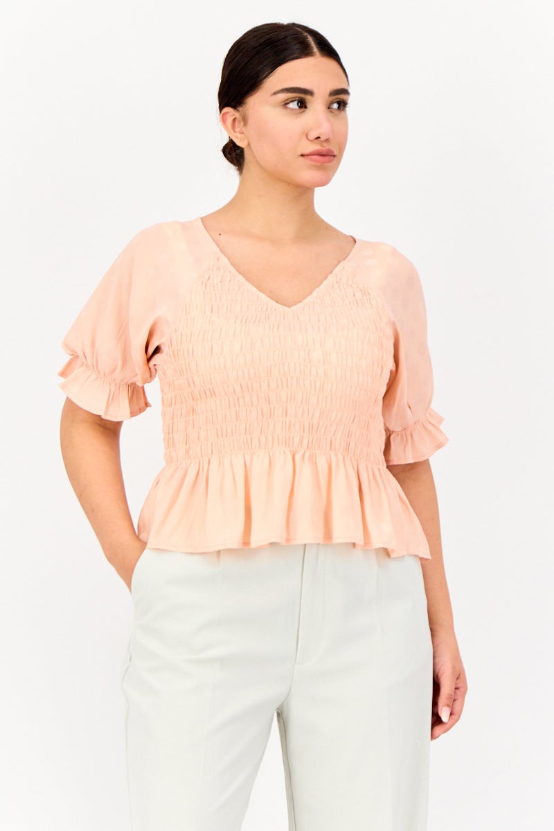 ONLY Women V-Neck Puffed Sleeves Ruched Blouse , Misty Rose  - Image 1