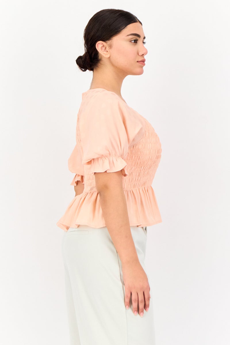 ONLY Women V-Neck Puffed Sleeves Ruched Blouse , Misty Rose  - Image 2