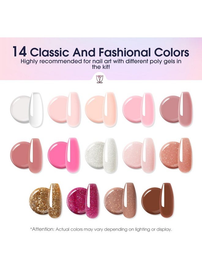 Rosalind 14 Colors Poly Nail Gel Kit With Mini Nail Lamp Pink Brown Poly Nails Gel Kit Starter Kit With Slip Solution Kit Pink Nail Extensions Gel Kit For Nail Manicure Beginner 