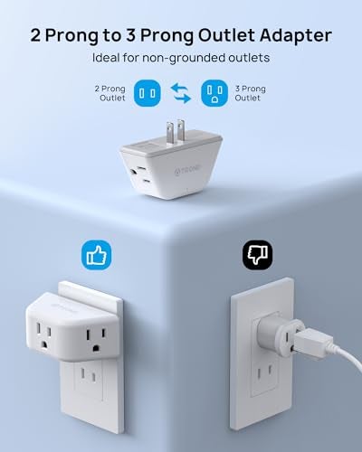 TROND 2 Prong to 3 Prong Outlet Adapter, 3-Way Angled Plug Extender with 3 AC Sockets, Wall Splitter for Non-Grounded Outlets in Old House, Cruise Essentials, White - Image 2