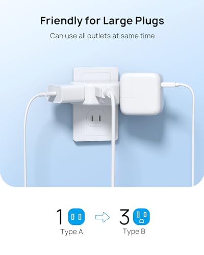 TROND 2 Prong to 3 Prong Outlet Adapter, 3-Way Angled Plug Extender with 3 AC Sockets, Wall Splitter for Non-Grounded Outlets in Old House, Cruise Essentials, White - Image 3