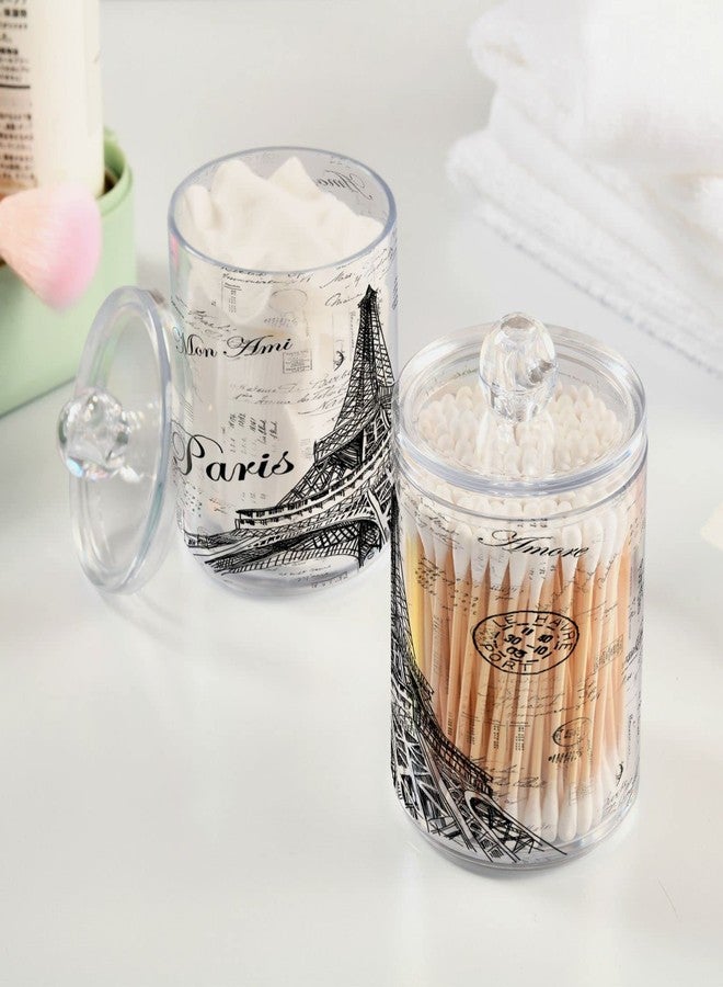 WELLDAY Apothecary Jars Bathroom Storage Organizer with Lid - 14 oz Qtip Holder Dispenser, Paris Eiffel Tower Clear Plastic Canister for Cotton Swab, Cotton Ball, 2PCS - Image 5