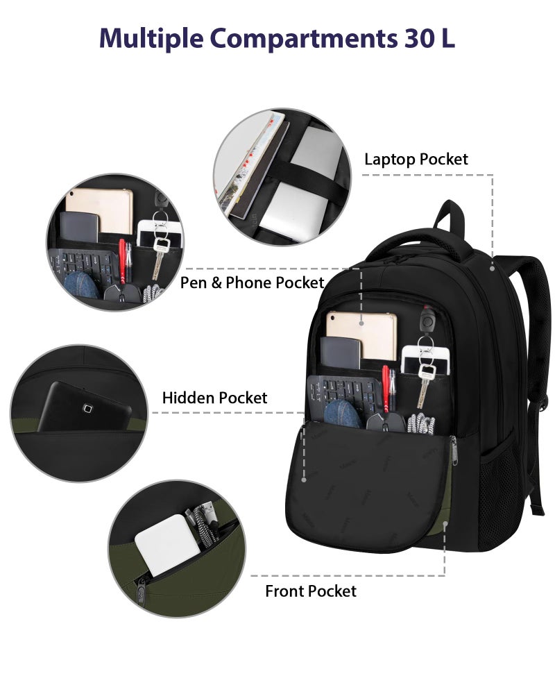 MATEIN 17 Inch Laptop Backpack for Work, Airline Approved Carry On Travel Backpack with Anti Theft Pocket and Luggage Strap, Water Resistant College Computer Daypack Gifts for Men Women, Black Green - Image 5