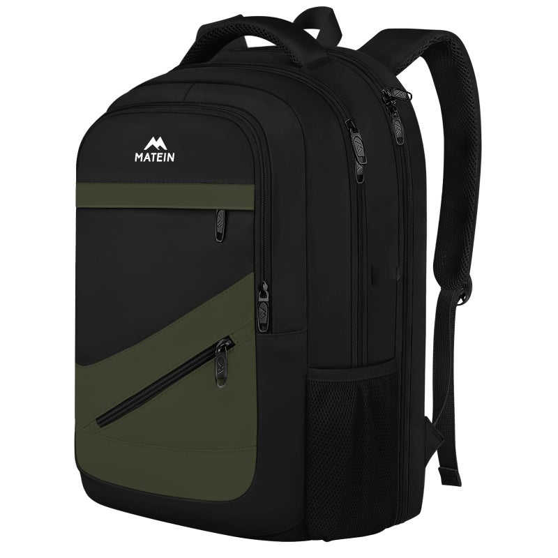 MATEIN 17 Inch Laptop Backpack for Work, Airline Approved Carry On Travel Backpack with Anti Theft Pocket and Luggage Strap, Water Resistant College Computer Daypack Gifts for Men Women, Black Green - Image 1