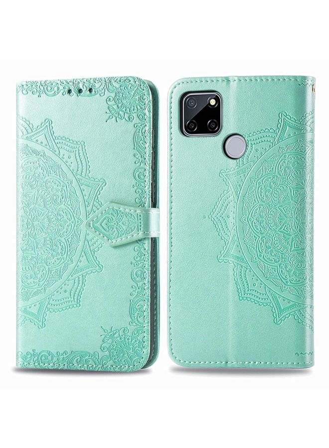 HuHa Case Cover For Realme C12 Mandala Flower Embossed Horizontal Flip Leather Case with Bracket / Card Slot / Wallet / Lanyard Green