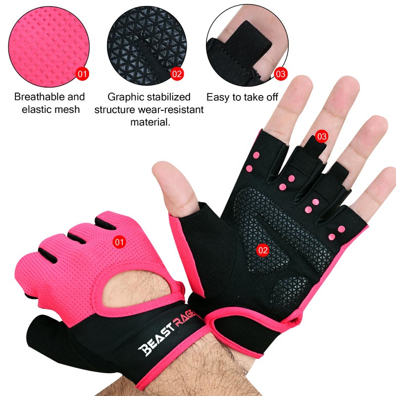 BEAST RAGE Workout Gloves for Men Gym Gloves for Weightlifting Women Fingerless with Palm Protection Padding, Breathable and Lightweight Weight Lifting Glove Cycling Pull Up (Magenta, L) - Image 3