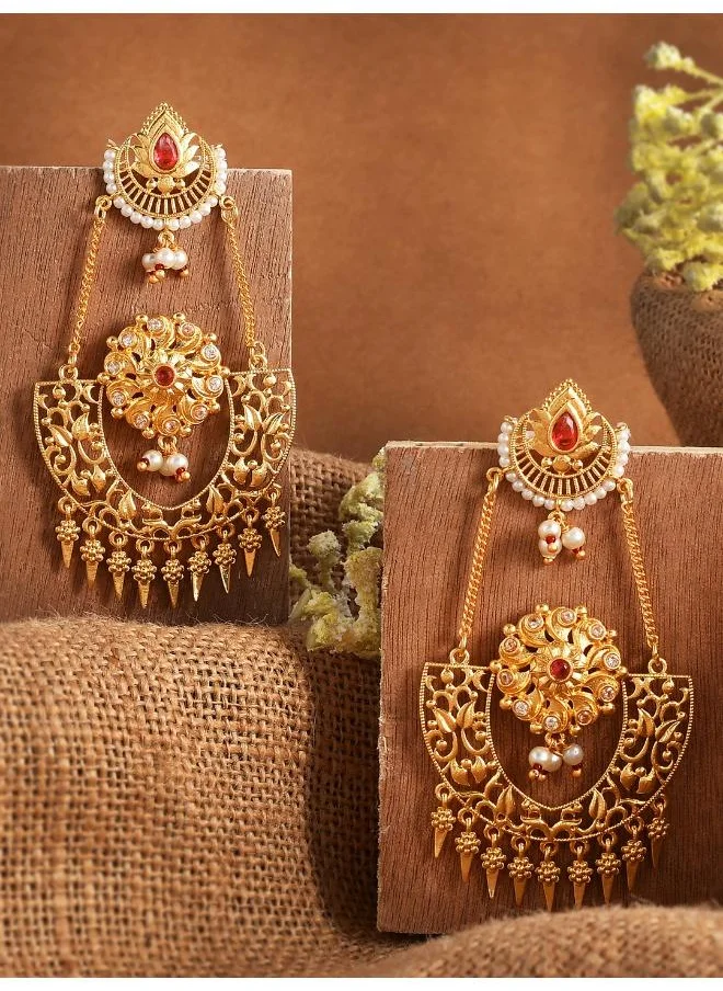 VOYLLA Abharan Red Stones and Pearls Opulent Drop Earrings