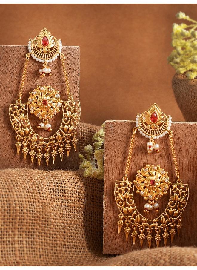 VOYLLA Abharan Red Stones and Pearls Opulent Drop Earrings  - Image 1