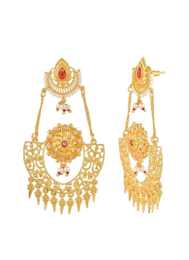 VOYLLA Abharan Red Stones and Pearls Opulent Drop Earrings  - Image 3