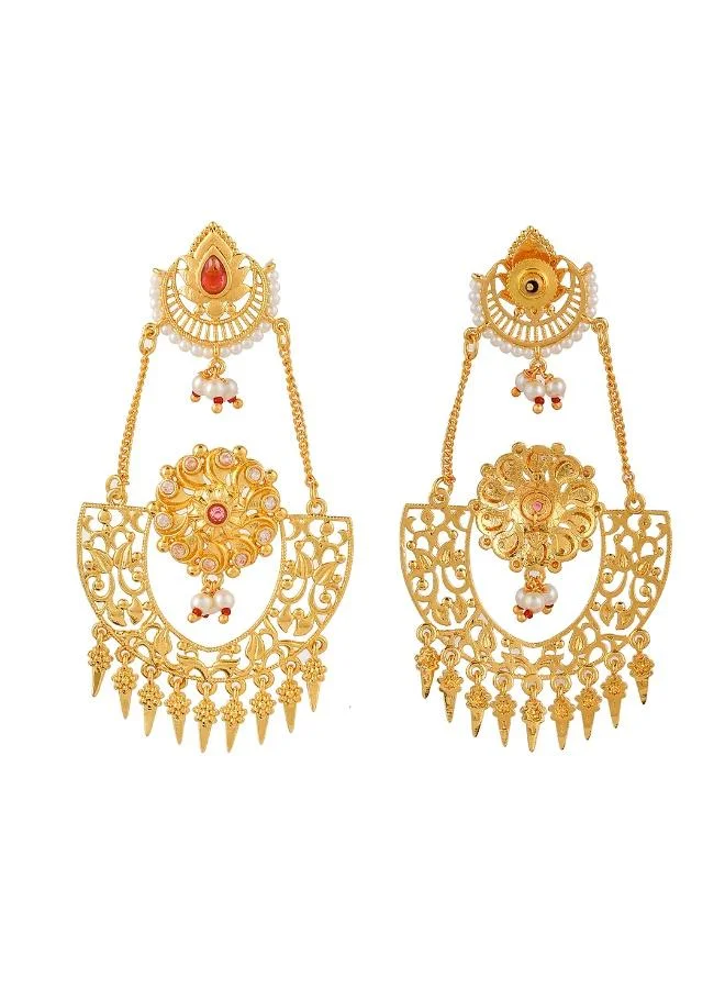 VOYLLA Abharan Red Stones and Pearls Opulent Drop Earrings