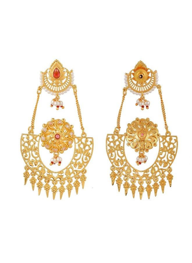 VOYLLA Abharan Red Stones and Pearls Opulent Drop Earrings  - Image 4