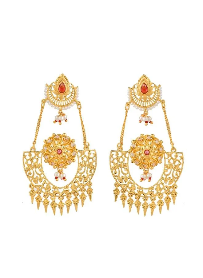 VOYLLA Abharan Red Stones and Pearls Opulent Drop Earrings