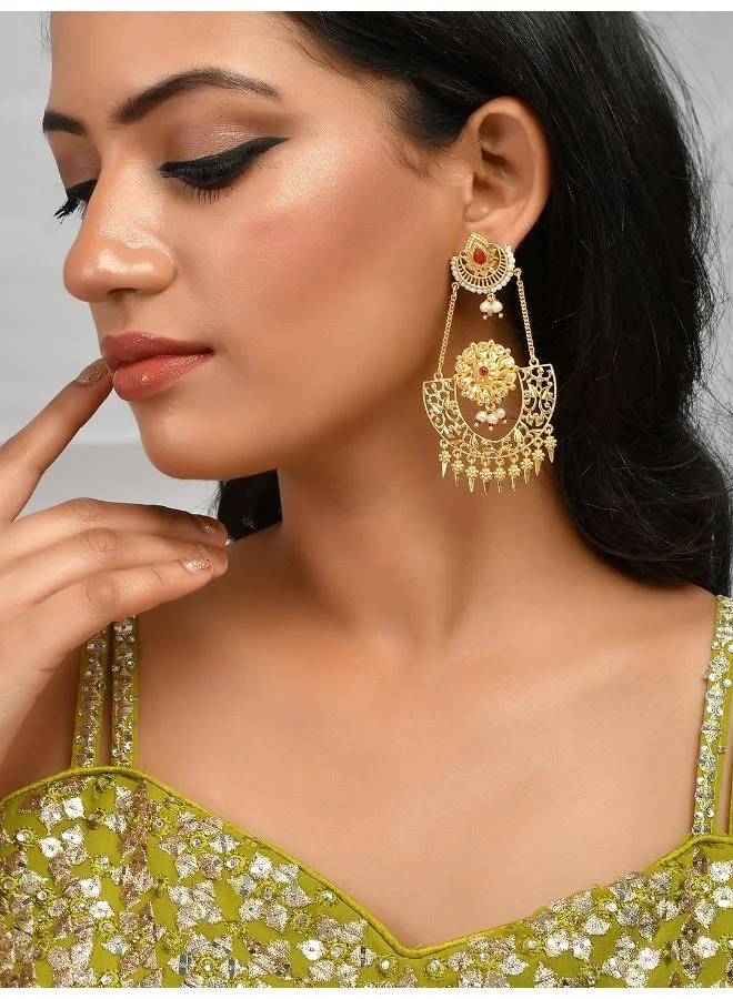 VOYLLA Abharan Red Stones and Pearls Opulent Drop Earrings