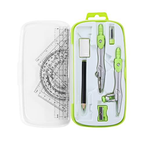 Unjoo Math Geometry Kit Sets 10 Piece Student Supplies with Shatterproof Storage Box,Includes Rulers,Protractor,Compass,Eraser,Pencil Sharpener,Lead Refills,Pencil,for Drafting and Drawings（Green） - Image 1