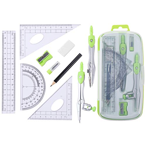 Unjoo Math Geometry Kit Sets 10 Piece Student Supplies with Shatterproof Storage Box,Includes Rulers,Protractor,Compass,Eraser,Pencil Sharpener,Lead Refills,Pencil,for Drafting and Drawings（Green） - Image 2