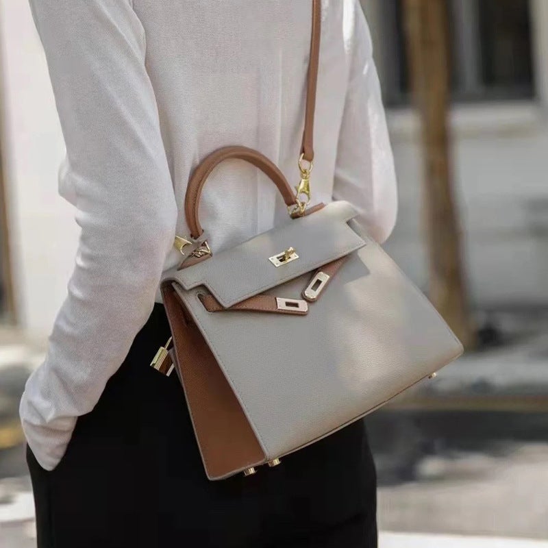 Outer Seam High-End Palm Print Cowhide Color Matching Kelly Bag Single Shoulder Genuine Leather Women'S Bag Hand-Held Crossbody Bag - Image 2
