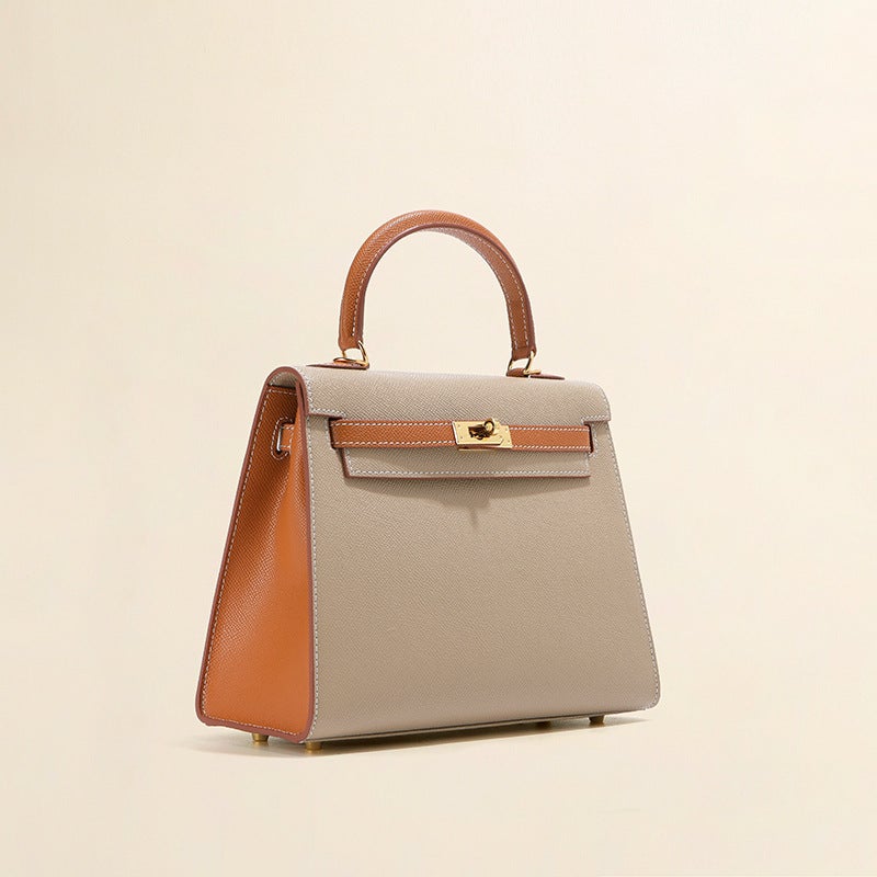 Outer Seam High-End Palm Print Cowhide Color Matching Kelly Bag Single Shoulder Genuine Leather Women'S Bag Hand-Held Crossbody Bag - Image 3