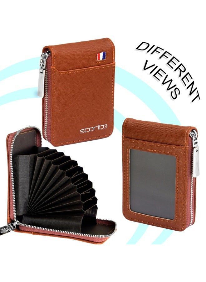 Storite PU Leather 9 Slot Vertical Credit Debit Card Holder Money Wallet Zipper Coin Purse for Men Women - Lightbrown (11.5 x 1.75 x 8 cm) - Image 3