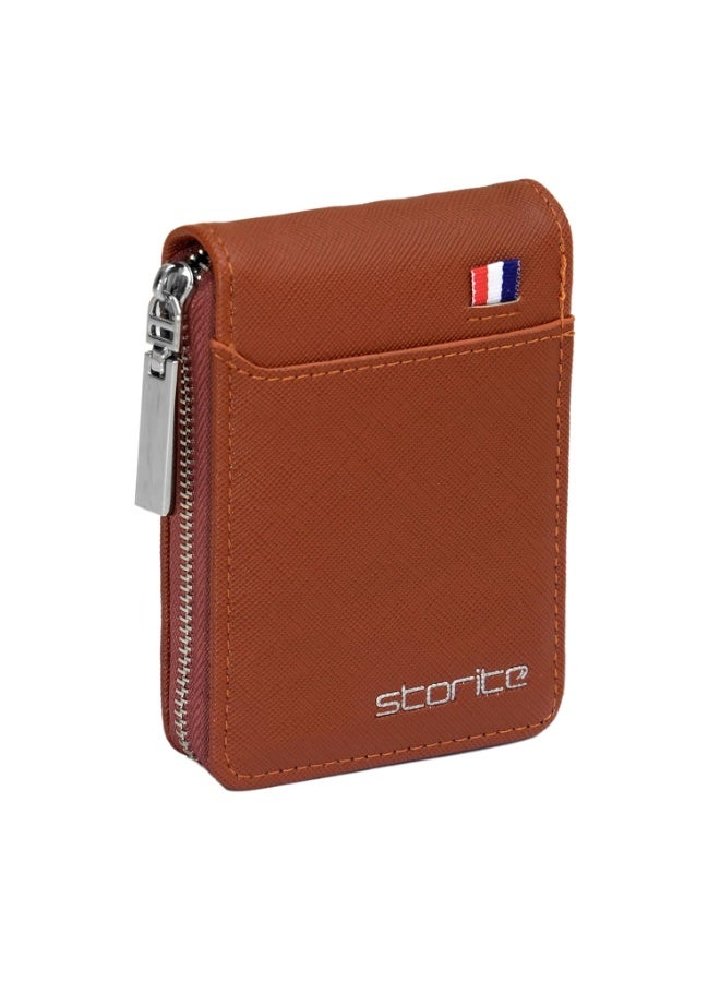 Storite PU Leather 9 Slot Vertical Credit Debit Card Holder Money Wallet Zipper Coin Purse for Men Women - Lightbrown (11.5 x 1.75 x 8 cm) - Image 1