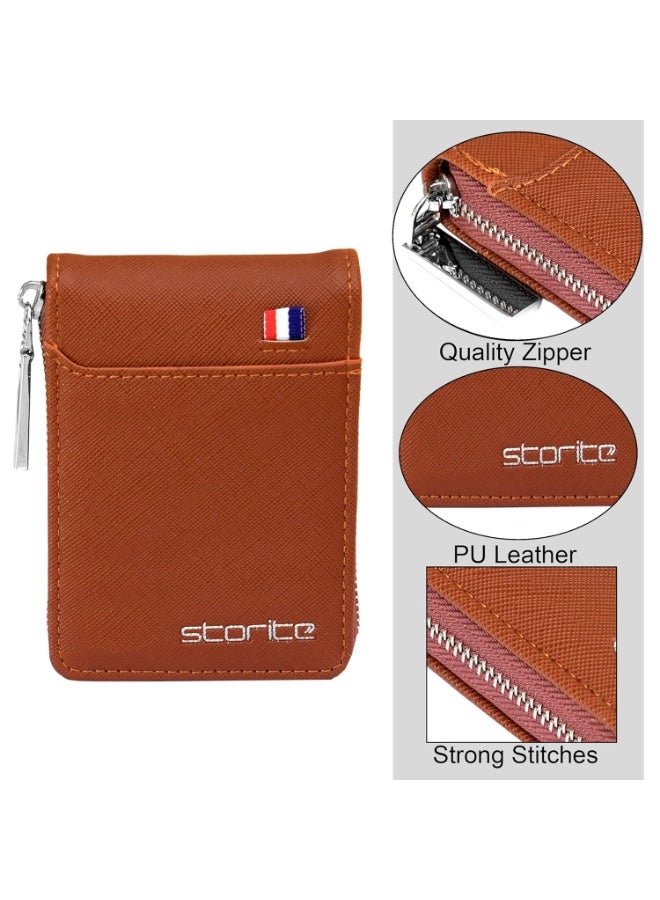 Storite PU Leather 9 Slot Vertical Credit Debit Card Holder Money Wallet Zipper Coin Purse for Men Women - Lightbrown (11.5 x 1.75 x 8 cm) - Image 4