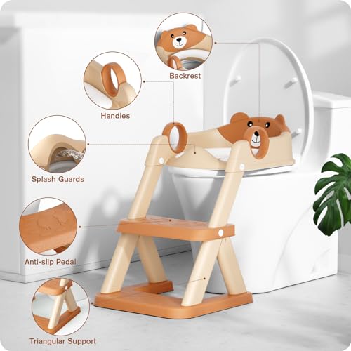 Rabb 1st Potty Training Seat, Upgrade Toddler Toilet Seat for Kids Boys Girls, 2 in 1 Potty Training Toilet for Kids, Splash Guard Anti-Slip Pad Step Stool（Brown） - Image 2