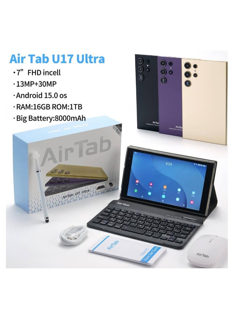 AirTab U17 Ultra Smart Tablet with Arabic Keyboard, 7 inch FHD Screen 16GB RAM 1TB ROM - with Powerful 8000mAh Battery Black