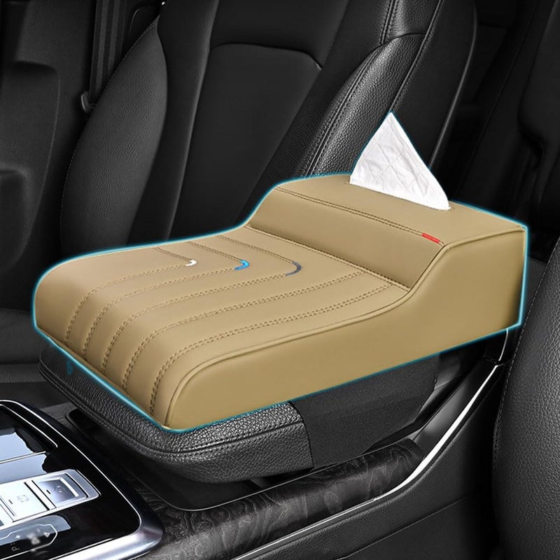 Goodern Car Armrest Support Cushion,Auto Center Console Armrest Pad with Tissue Box Comfortable PU Leather Automotive Elbow Rest Pad Widen Non-Slip Arm Rest Protector Cover Fit for Most Car-Beige - Image 1