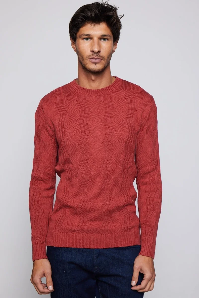 تودورس Slim Fit Crew Neck Patterned Men's Red Sweater