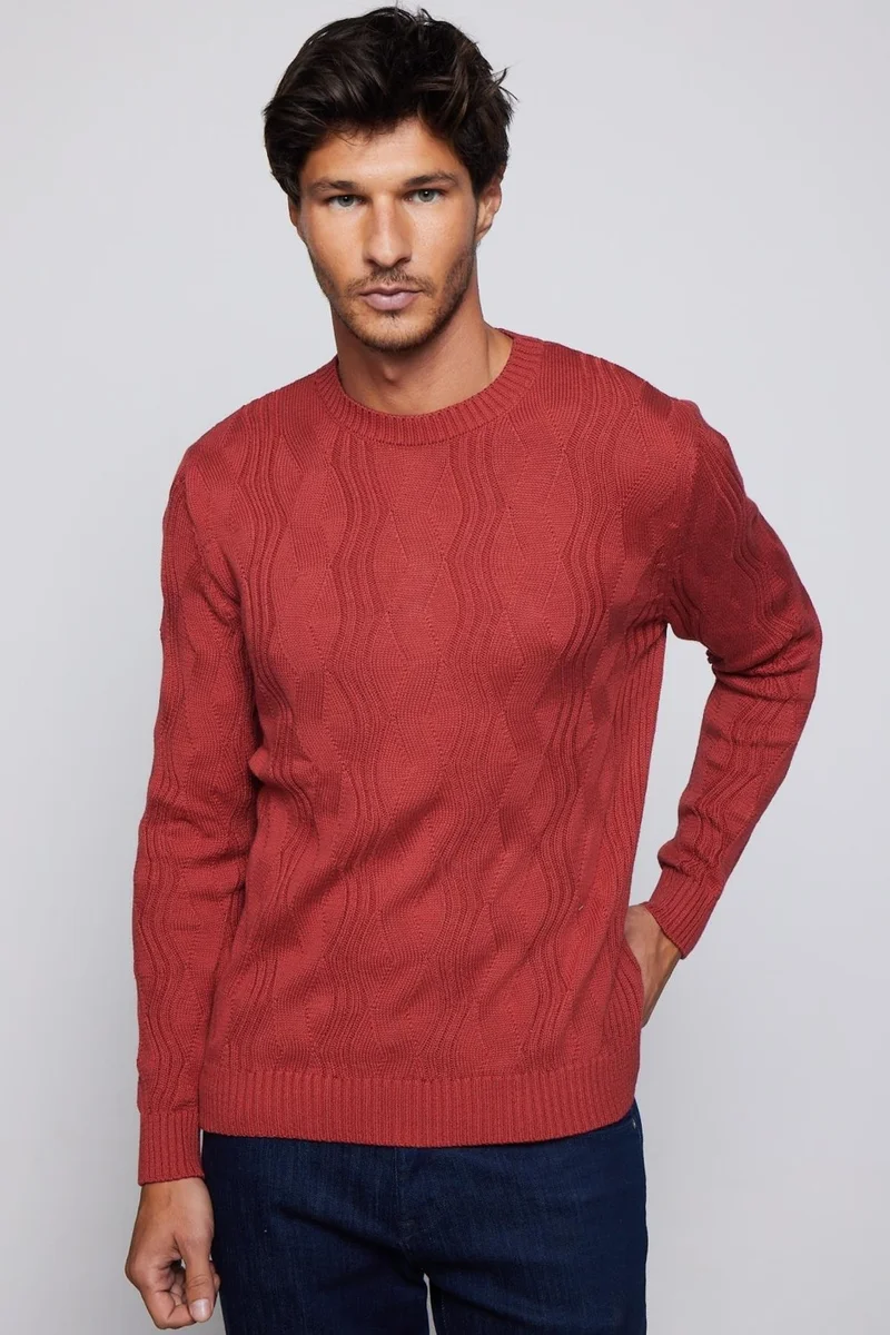 تودورس Slim Fit Crew Neck Patterned Men's Red Sweater