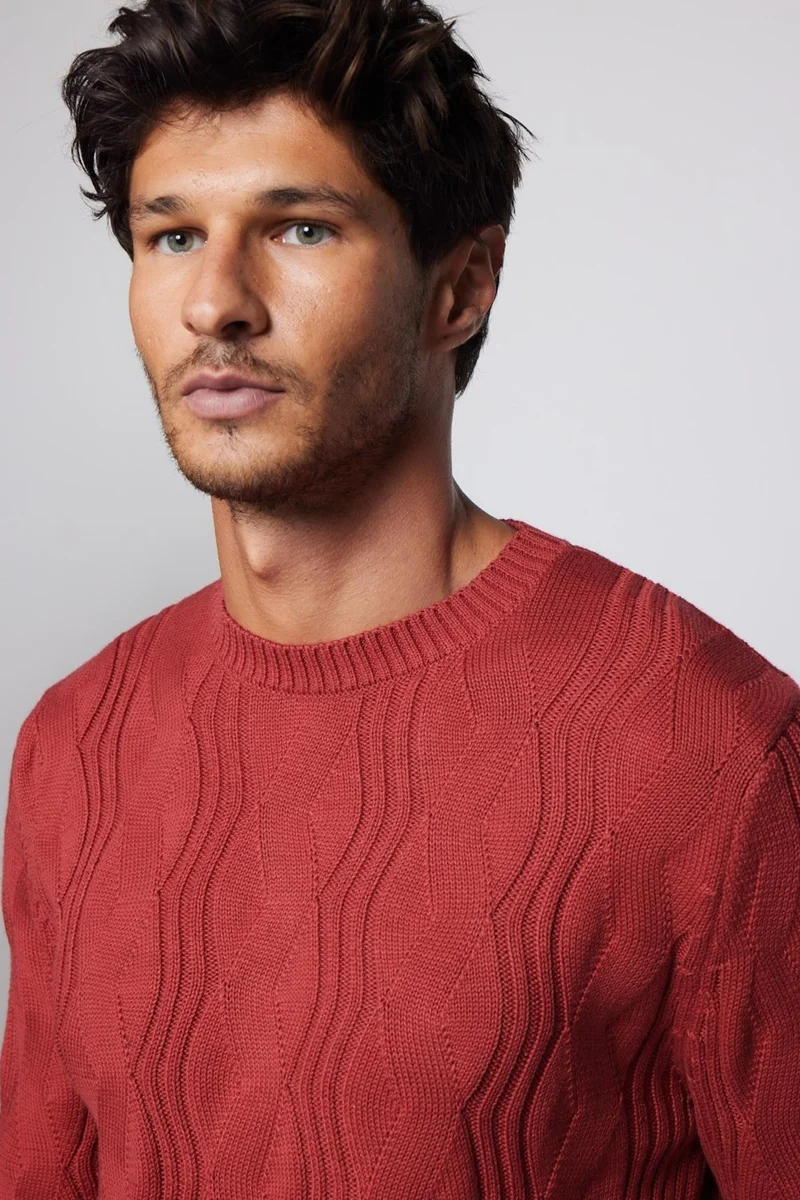 تودورس Slim Fit Crew Neck Patterned Men's Red Sweater