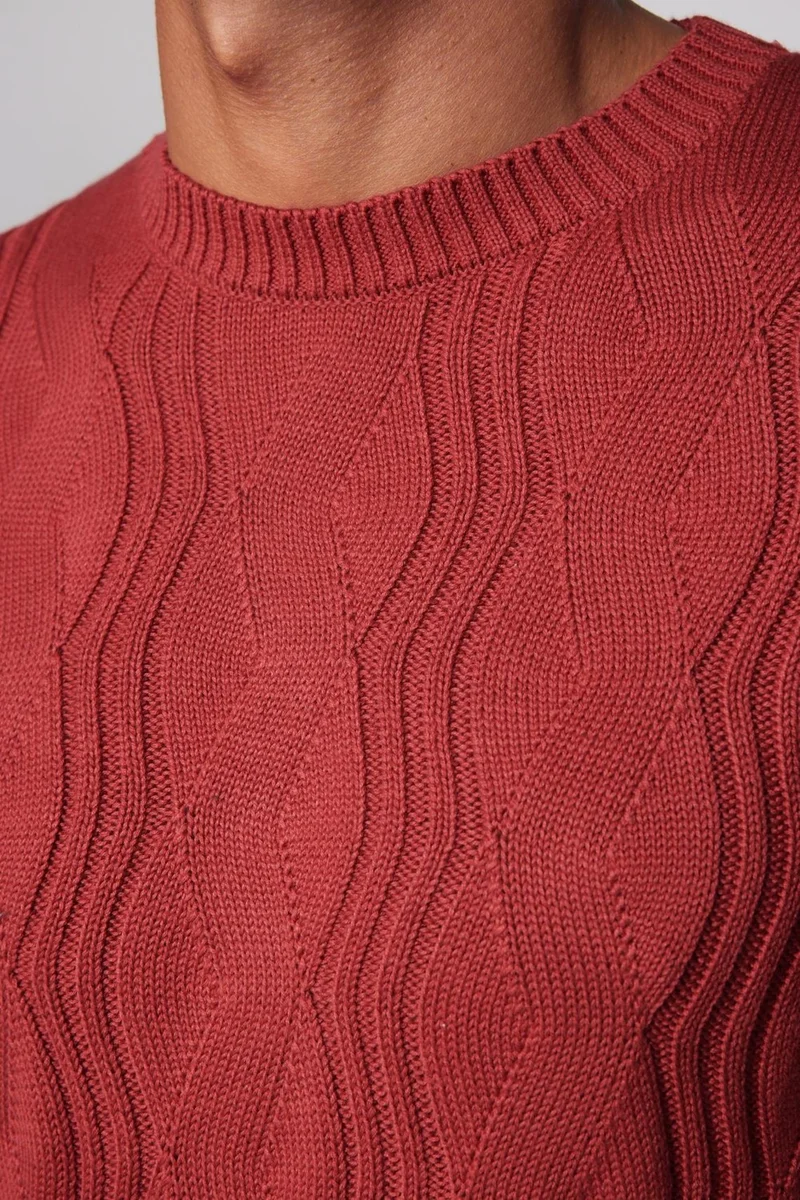 تودورس Slim Fit Crew Neck Patterned Men's Red Sweater