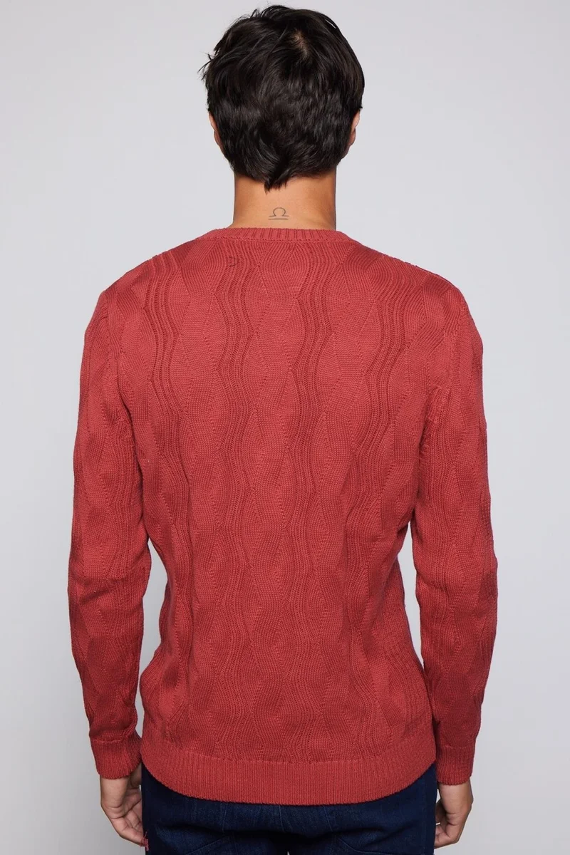 تودورس Slim Fit Crew Neck Patterned Men's Red Sweater