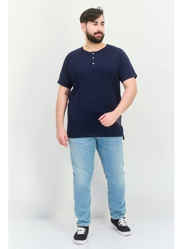 SQUATWOLF Men U-Neckline Short Sleeves Graphic Print T-Shirt, Navy  - Image 3