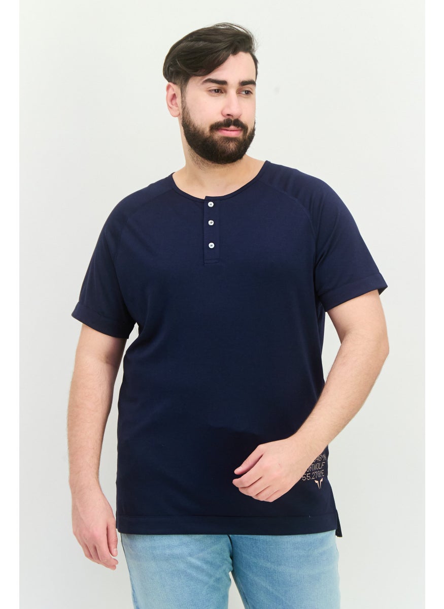 SQUATWOLF Men U-Neckline Short Sleeves Graphic Print T-Shirt, Navy  - Image 1