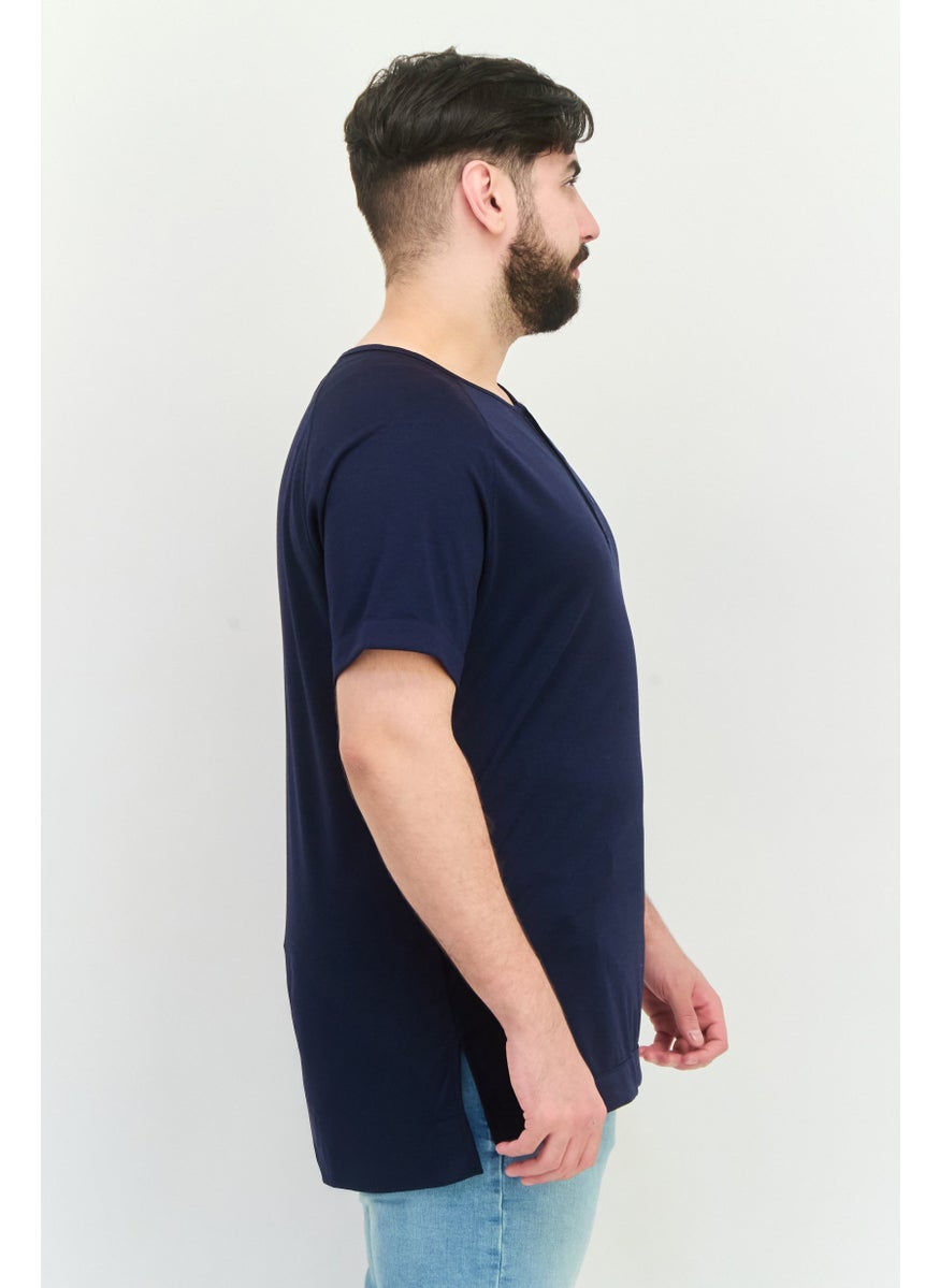 SQUATWOLF Men U-Neckline Short Sleeves Graphic Print T-Shirt, Navy  - Image 4