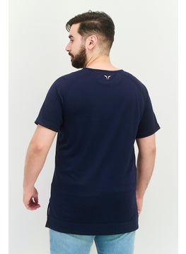 SQUATWOLF Men U-Neckline Short Sleeves Graphic Print T-Shirt, Navy  - Image 2