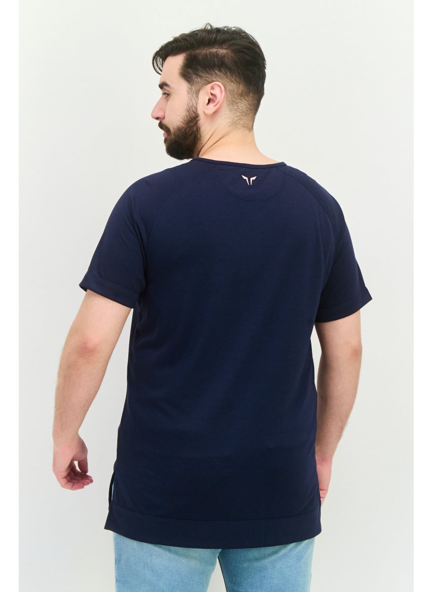 SQUATWOLF Men U-Neckline Short Sleeves Graphic Print T-Shirt, Navy  - Image 2