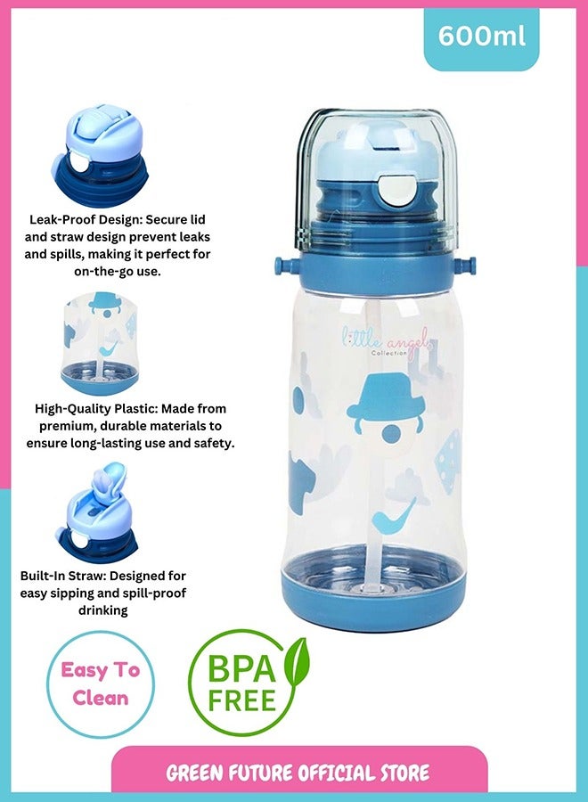 Little Angel Kids Water Bottle 600ml with Flip Straw, Lightweight, Leakproof, Portable with Adjustable Strap for School, Sports, and Travel - Color Blue - Image 2