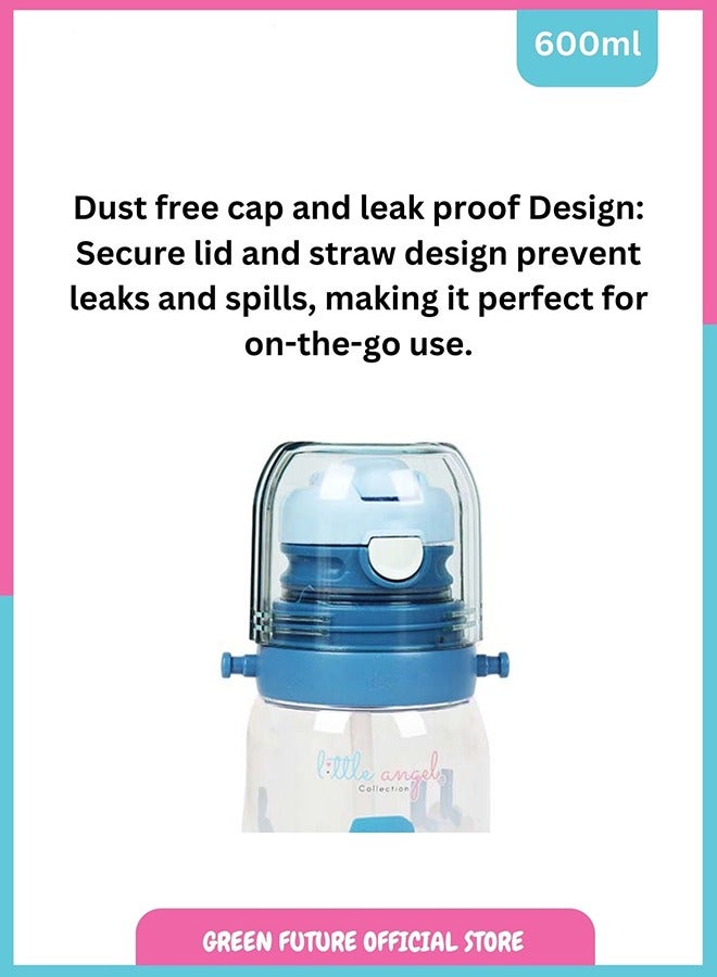 Little Angel Kids Water Bottle 600ml with Flip Straw, Lightweight, Leakproof, Portable with Adjustable Strap for School, Sports, and Travel - Color Blue - Image 4