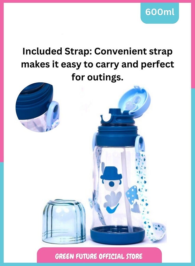 Little Angel Kids Water Bottle 600ml with Flip Straw, Lightweight, Leakproof, Portable with Adjustable Strap for School, Sports, and Travel - Color Blue - Image 3