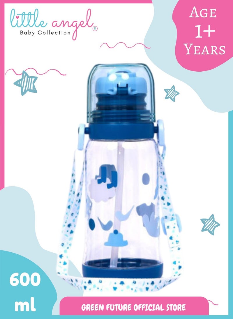 Little Angel Kids Water Bottle 600ml with Flip Straw, Lightweight, Leakproof, Portable with Adjustable Strap for School, Sports, and Travel - Color Blue - Image 1