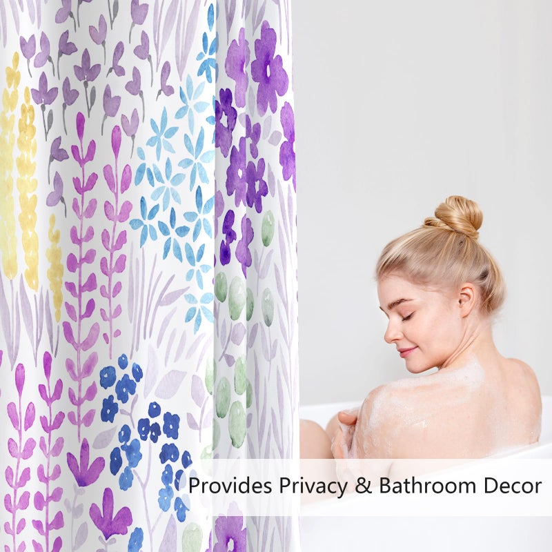 MAYZUS Long Shower Curtain 72 x 78 Inch  Tall Purple Floral Shower Curtain for Bathroom  Colorful Wildflower Boho Cottagecore Fabric Shower Curtain Set with Hooks - Image 2