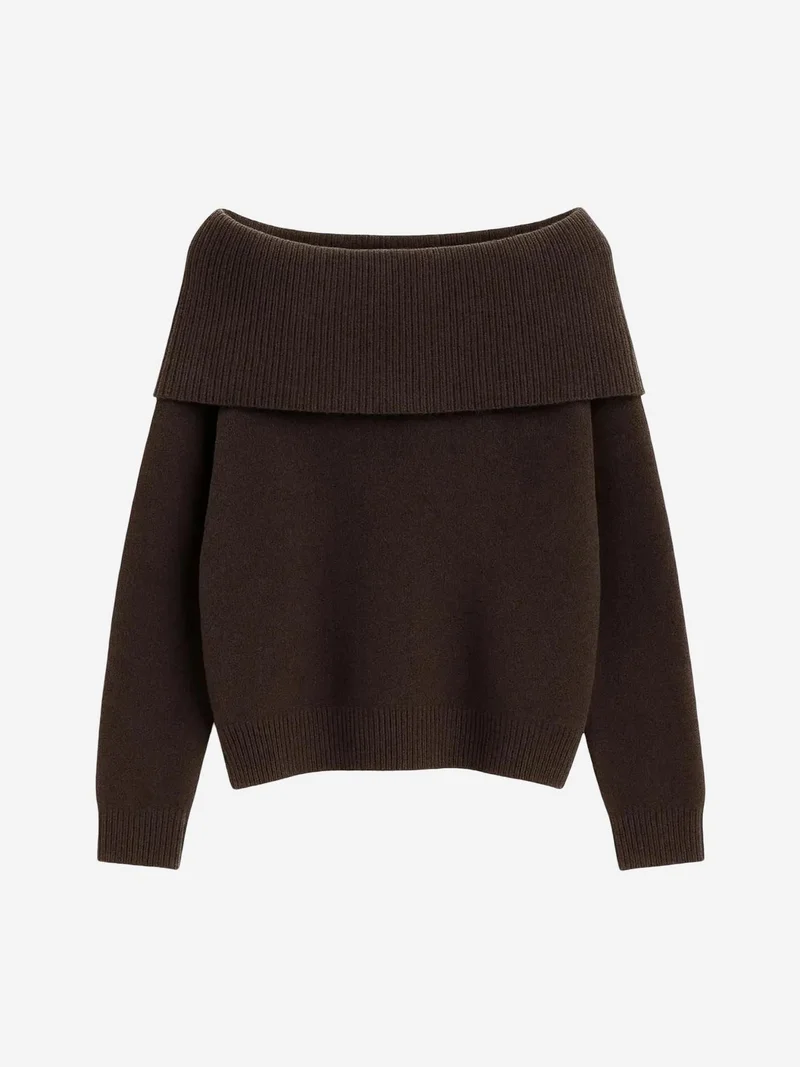 MixRay MIXRAY Loose Fit Ribbed Madonna Collar Sweater