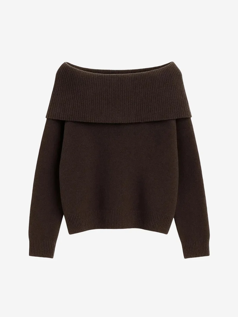 MixRay MIXRAY Loose Fit Ribbed Madonna Collar Sweater