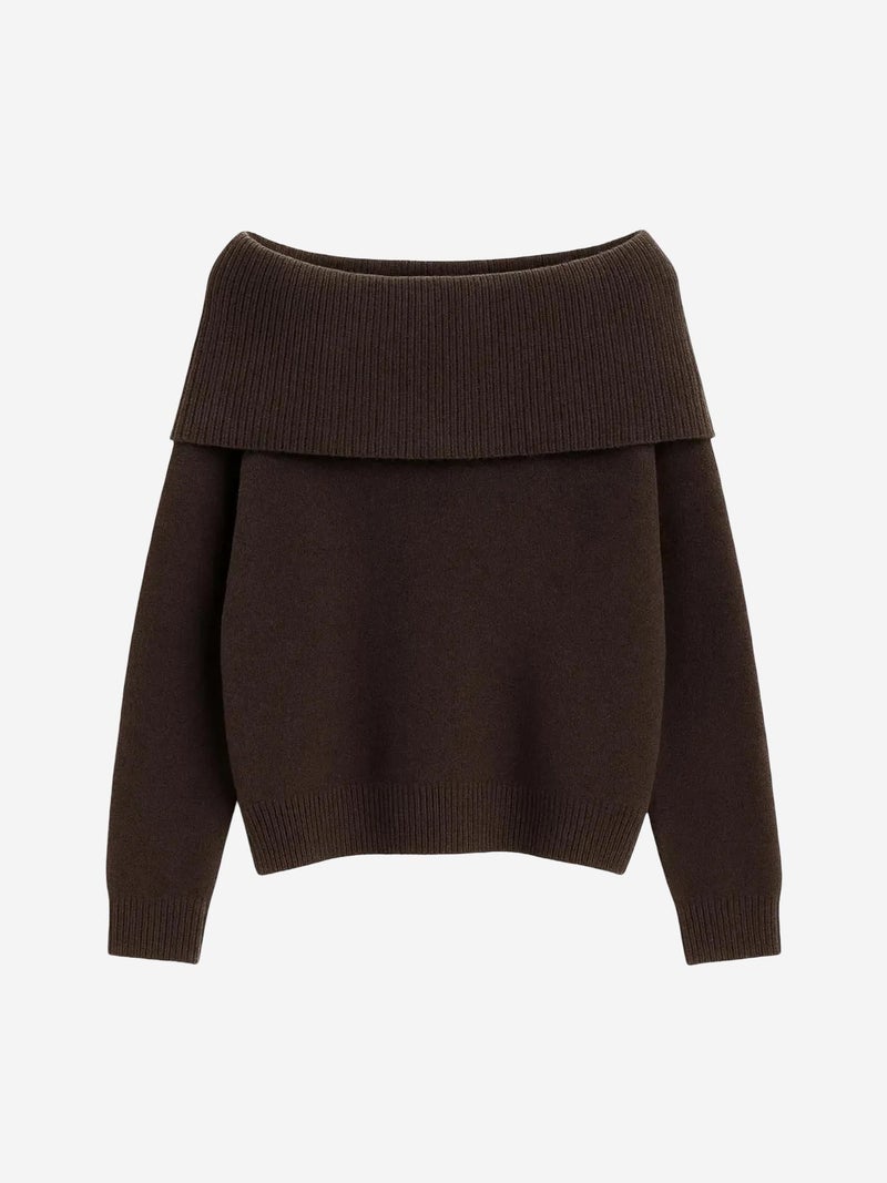 MIXRAY Loose Fit Ribbed Madonna Collar Sweater - Image 1