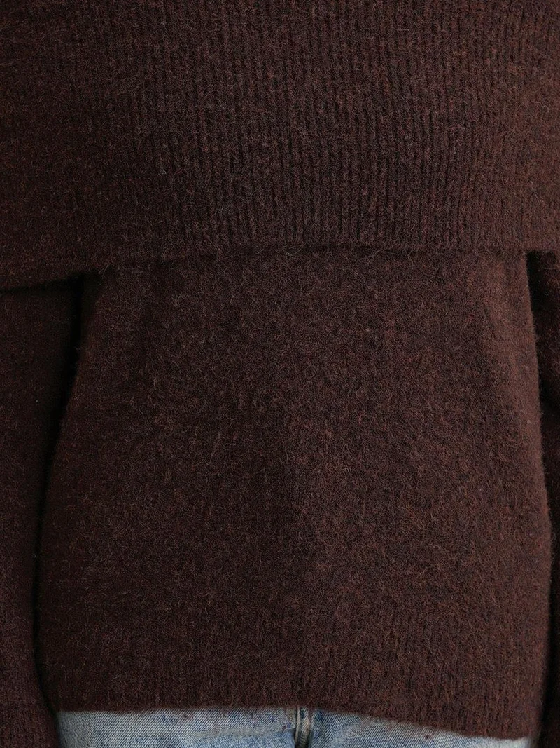 MixRay Coffee Brown MIXRAY Loose Fit Ribbed Madonna Collar Sweater for Women | Best Price UAE