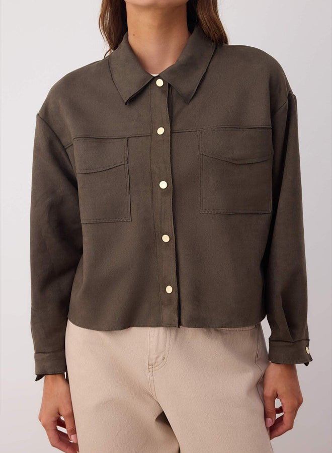 trendyol Khaki Gold Button Detailed Suede Shirt - Image 3