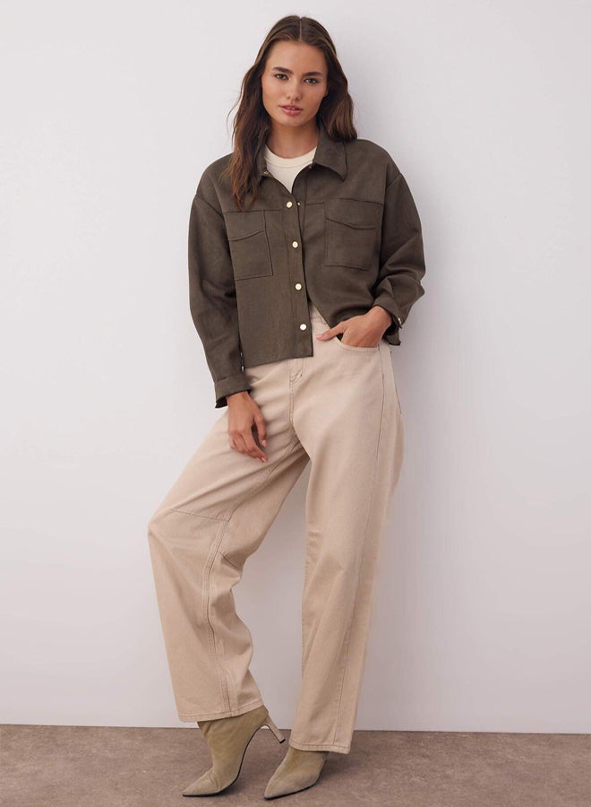 trendyol Khaki Gold Button Detailed Suede Shirt - Image 2